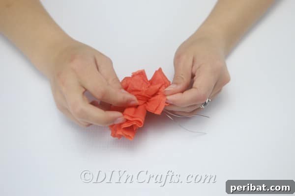 The process of gently pulling apart and fluffing the layers of tissue paper until they form a spherical flower shape.