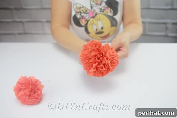 The process of combining the four smaller tissue paper flowers, intertwining their layers to create a single, large, and voluminous pom-pom.