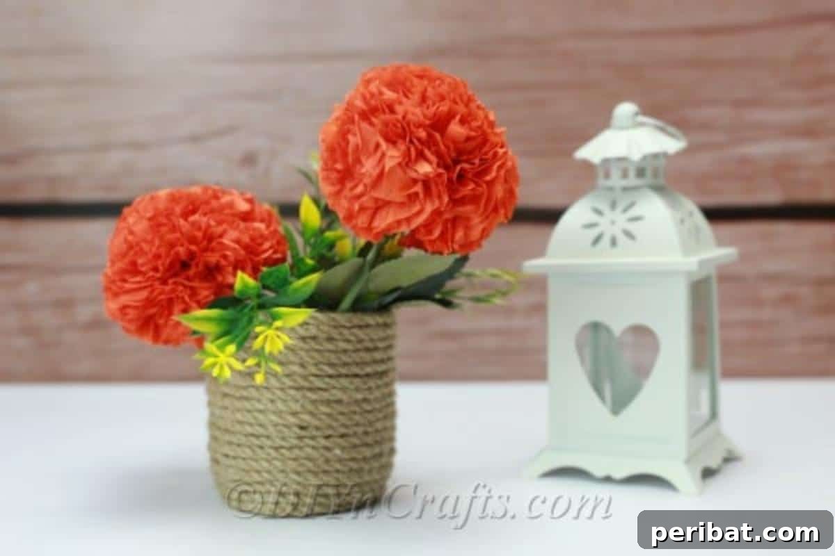 A stunning arrangement of tissue paper flowers elegantly placed in a vase, with a rustic wooden backdrop enhancing their handcrafted beauty.