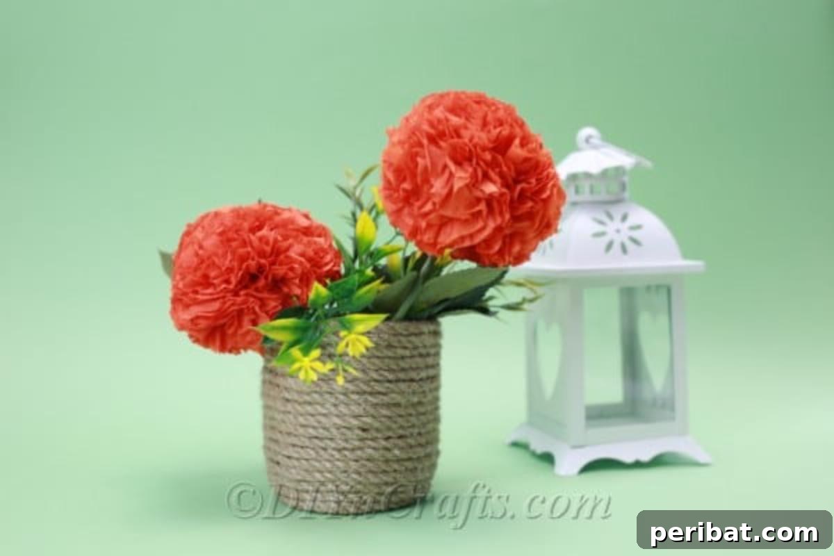 A delightful arrangement of colorful tissue paper flowers displayed in a rustic basket, set against a simple green background, perfect for adding a pop of handmade charm.