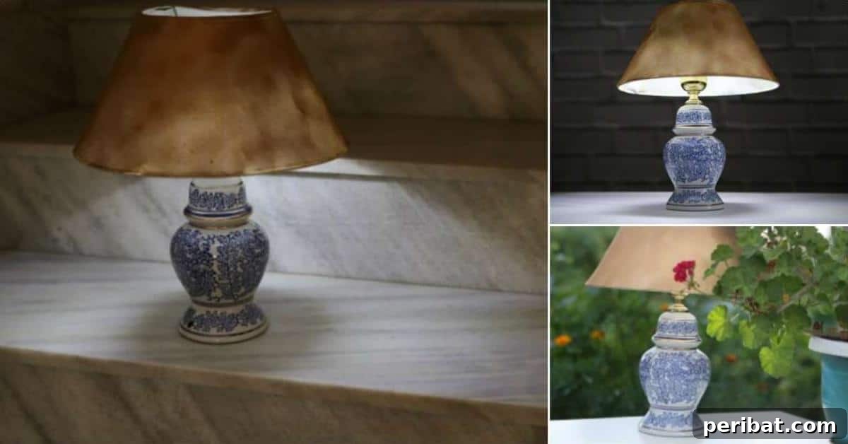 Collage showcasing a beautifully crafted DIY solar garden lamp project made from an upcycled table lamp.