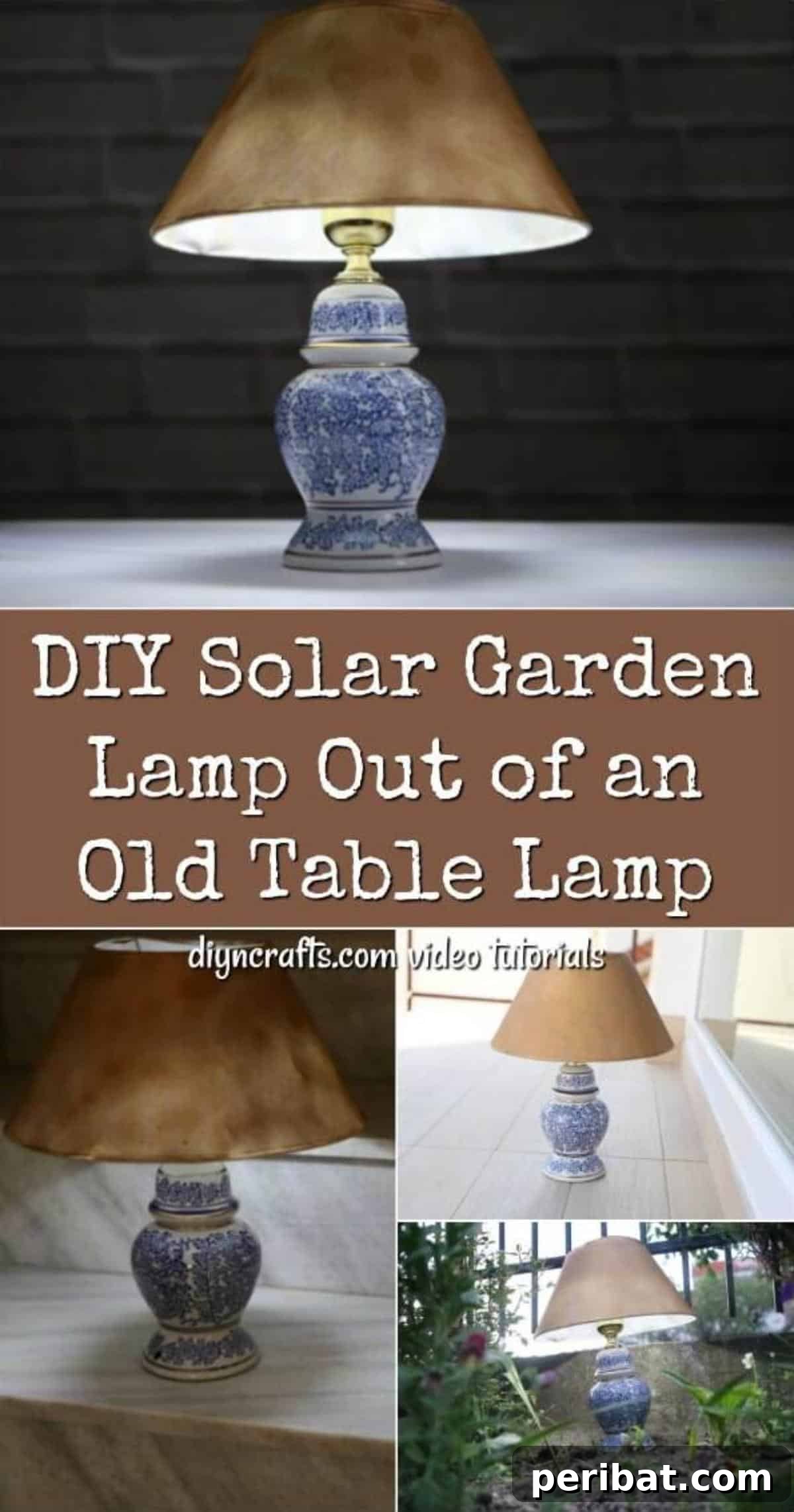 Pinterest collage photo featuring multiple images of a DIY solar garden lamp project for easy sharing and saving.