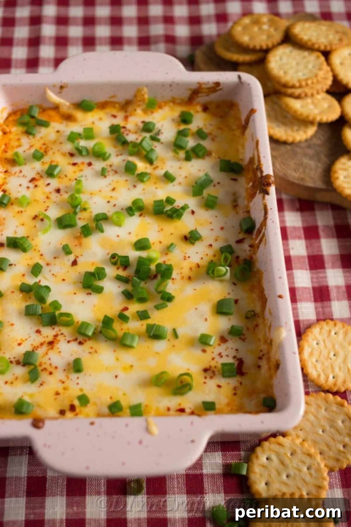 Quick & Creamy Buffalo Chicken Dip 4 Close-up of Easy Buffalo Chicken Dip served with classic butter crackers, showing its creamy texture