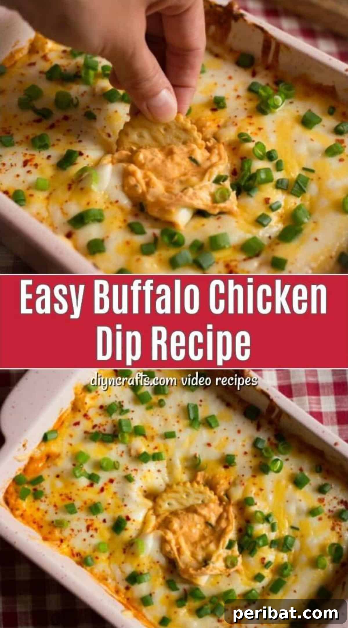 Quick & Creamy Buffalo Chicken Dip 10 Easy Buffalo Chicken Dip Recipe image for Pinterest featuring creamy dip with dippers on a wooden board