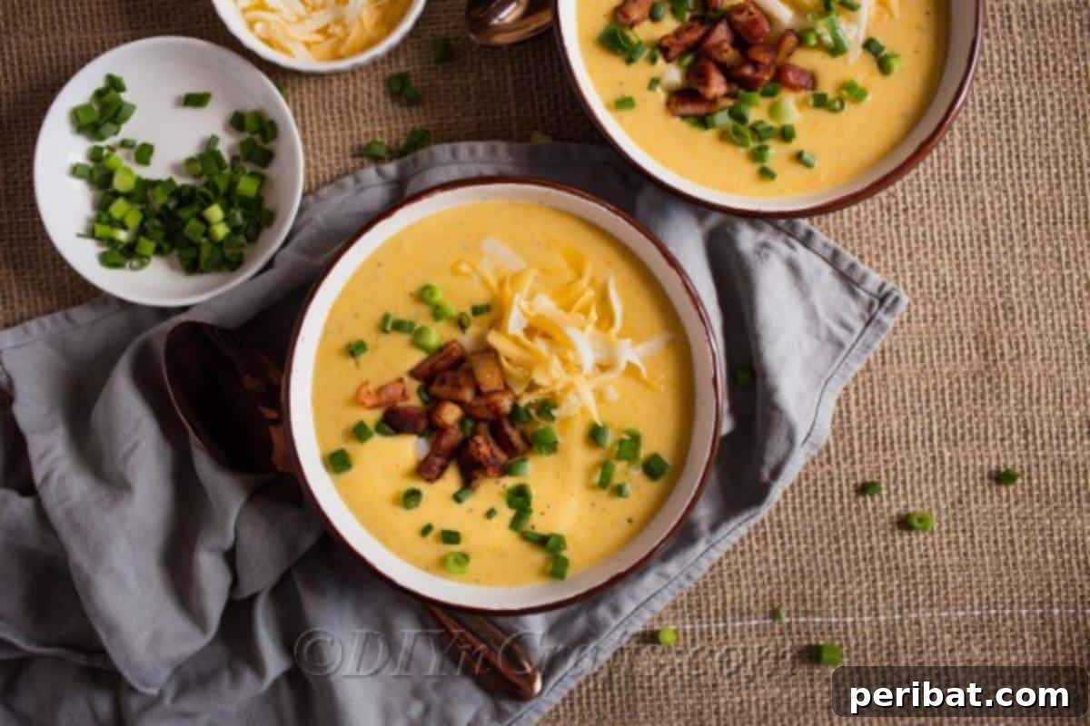 Heartwarming Cheesy Potato Comfort Soup 5 Two steaming bowls of homemade cheesy potato soup, elegantly garnished with crispy crumbled bacon and vibrant diced green onions, set on a rustic wooden surface.