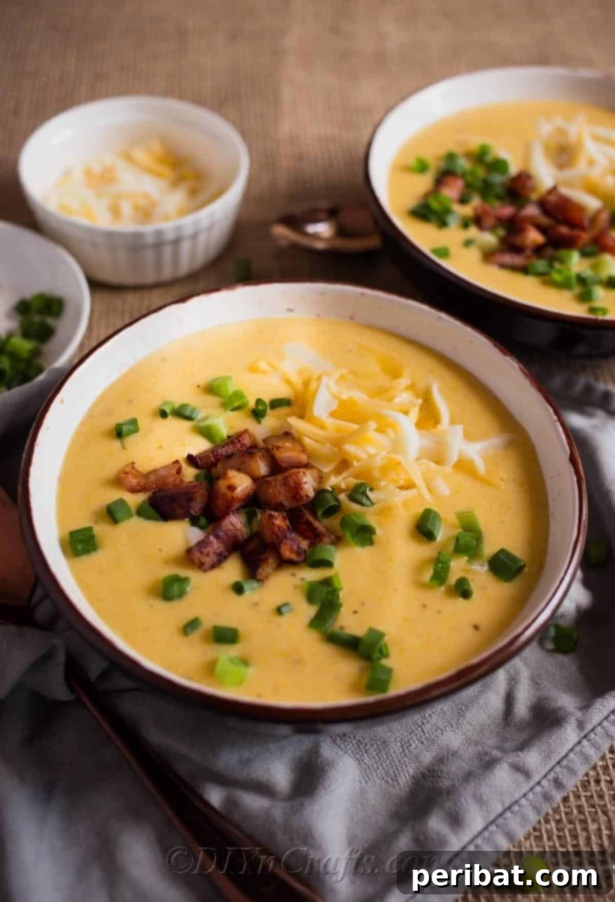 Heartwarming Cheesy Potato Comfort Soup 6 A large white bowl brimming with delectable cheesy potato soup, generously topped with shredded cheese, fresh green onions, and savory bacon pieces.