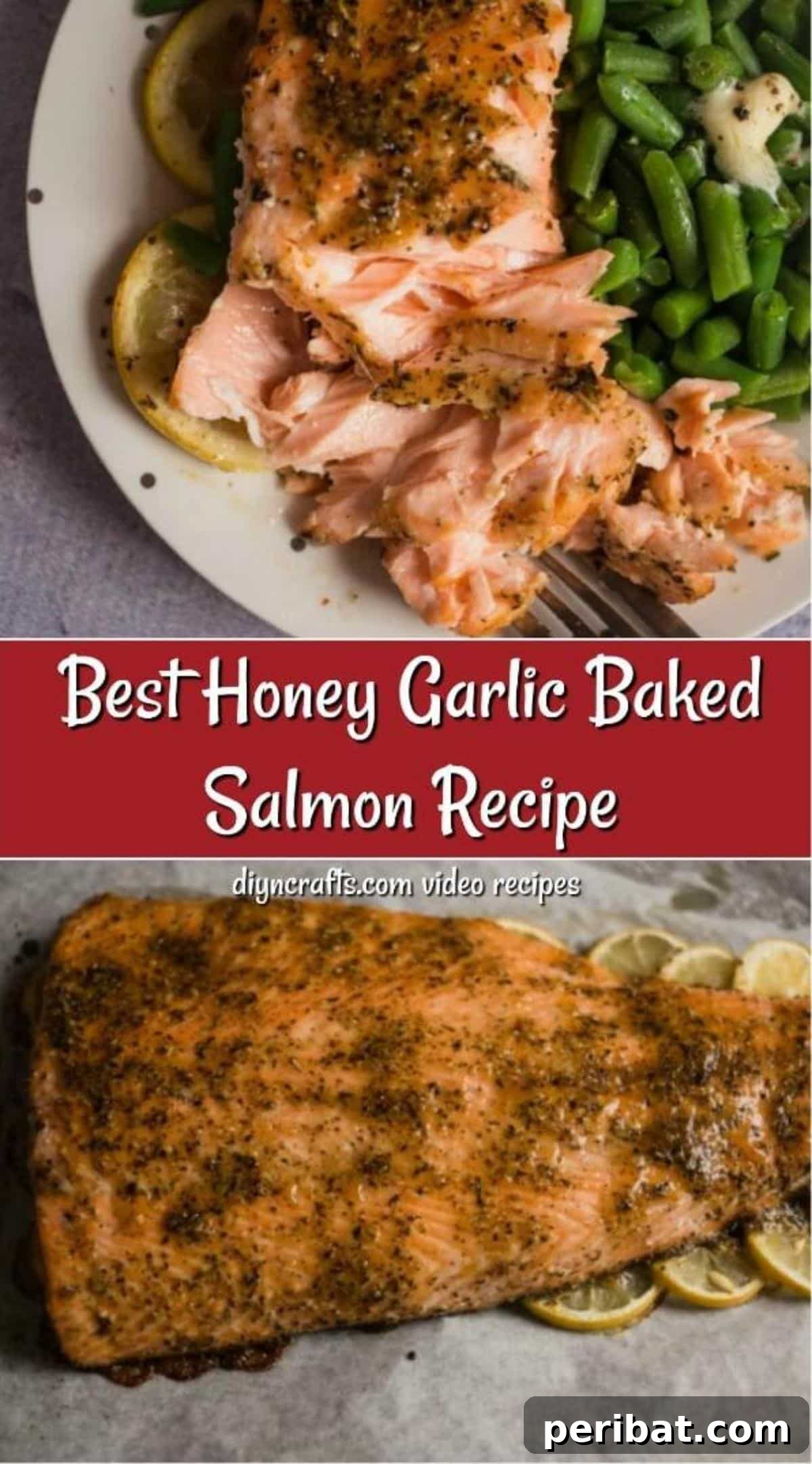 Perfectly Glazed Honey Garlic Salmon 2 Overhead pictures of honey roasted garlic salmon recipe on a plate