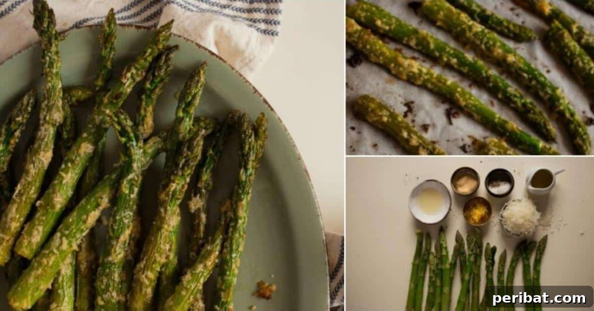 Roasted Asparagus with Garlic and Parmesan Cheese collage image of ingredients and prepared vegetable
