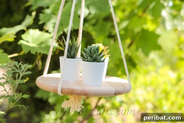 Make Your Own Decorative Hanging Shelf 16 A DIY hanging shelf with a textured wall in the backdrop and some vibrant plants on top of it, creating a natural focal point.
