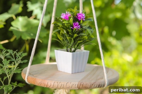 Make Your Own Decorative Hanging Shelf 18 A close-up of a rustic hanging shelf with a vibrant potted plant, emphasizing texture and natural elements.