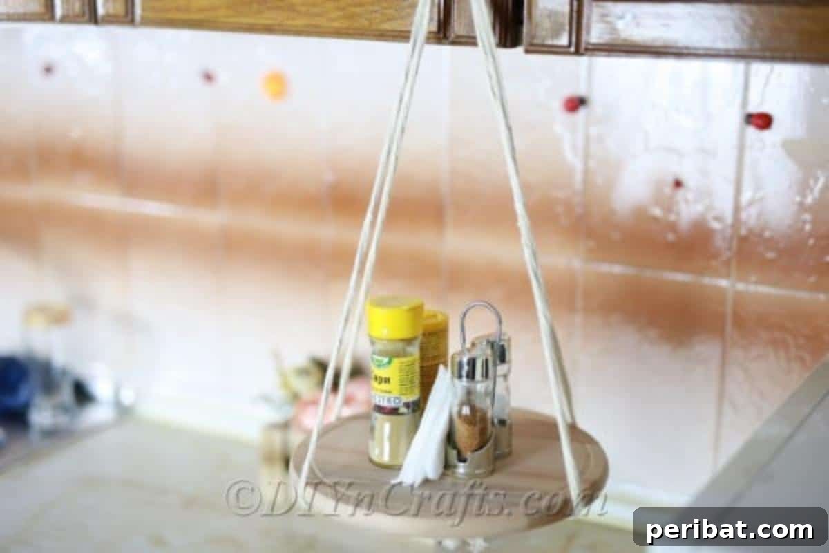 Make Your Own Decorative Hanging Shelf 5 A rustic hanging shelf provides convenient storage for kitchen supplies, enhancing both functionality and aesthetic appeal in a cozy kitchen setting.
