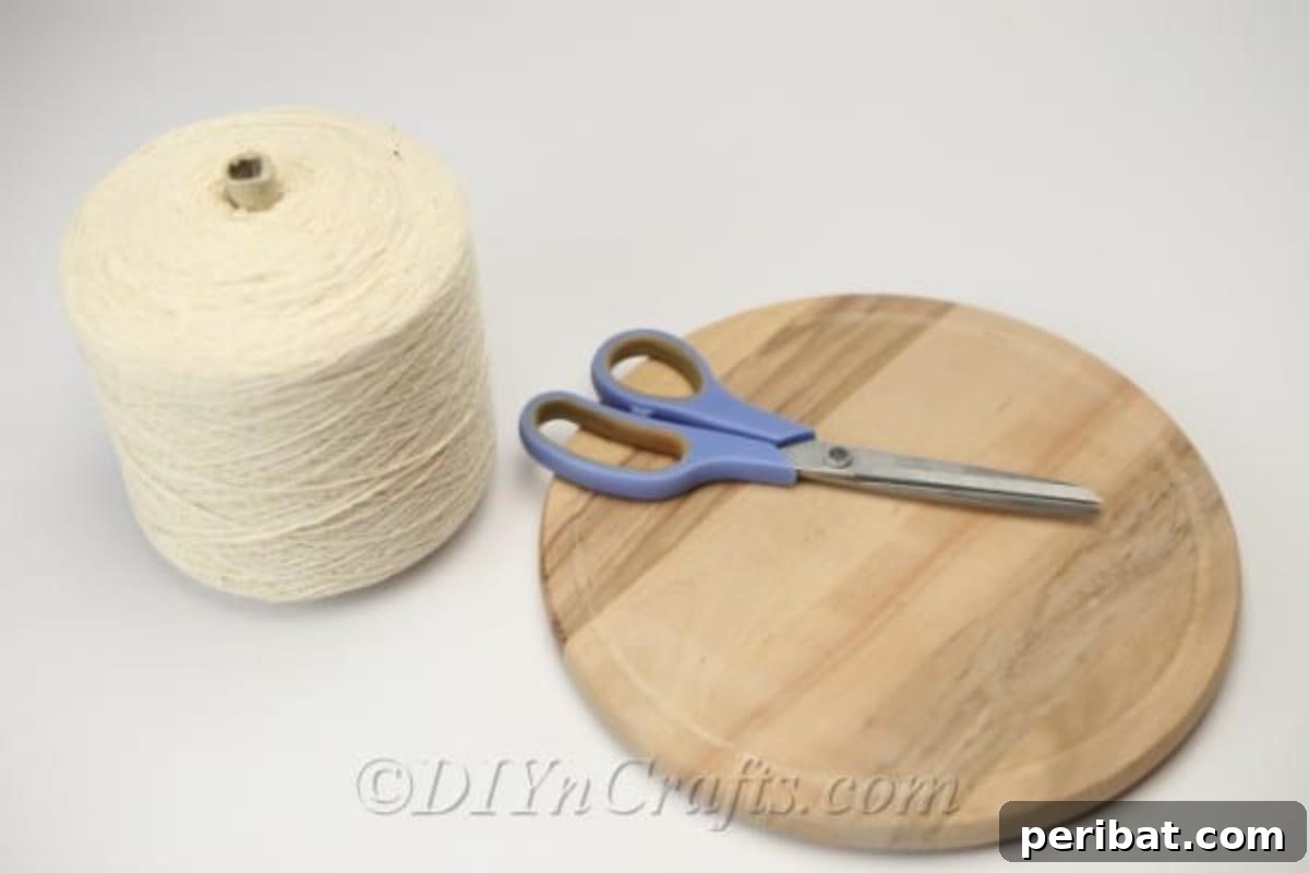Make Your Own Decorative Hanging Shelf 6 All the necessary materials neatly laid out for the DIY hanging shelf project, including a wooden board, cord, and scissors.