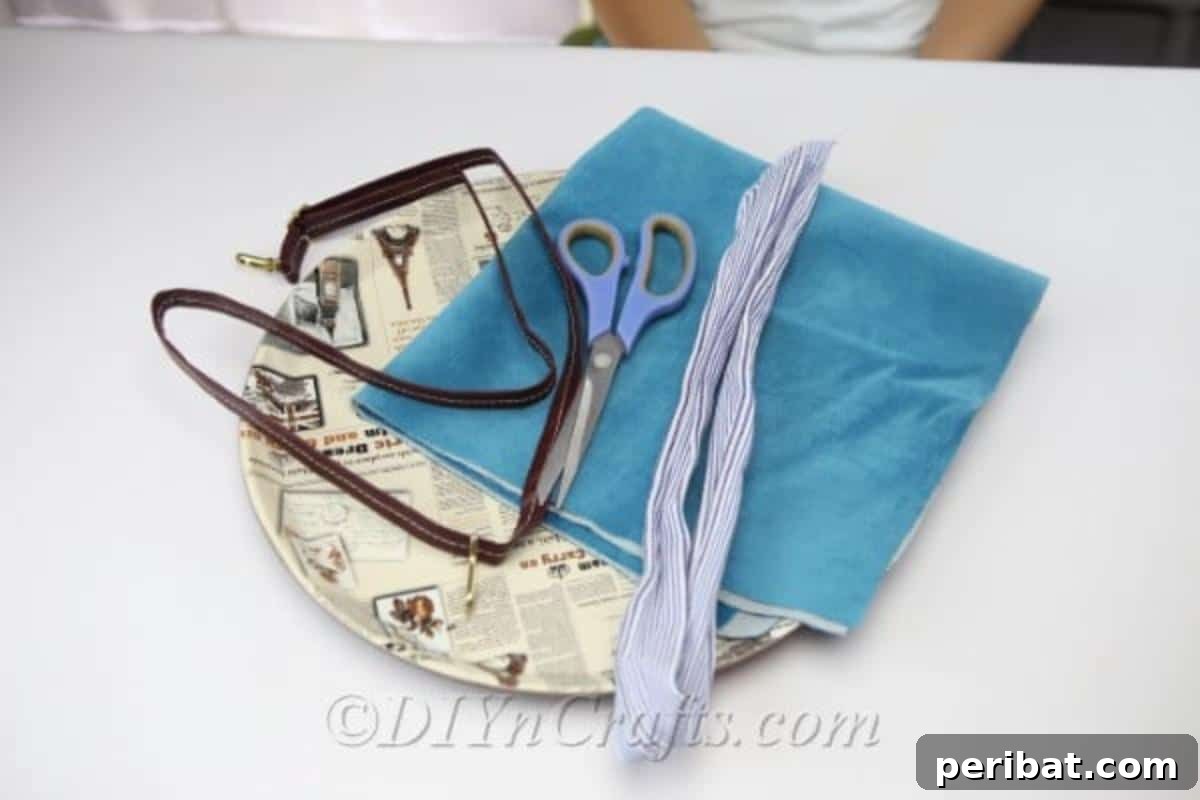 Craft a Trendy Handbag Without a Needle 6 A flat lay of materials required for the DIY handbag project, including fabric, scissors, and glue.