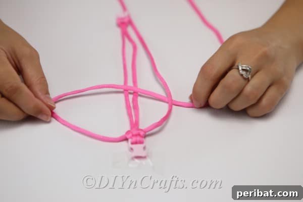 Create Your Own Square Knot Friendship Bracelet 14 Close up picture of woman making the p shape for a square knot bracelet