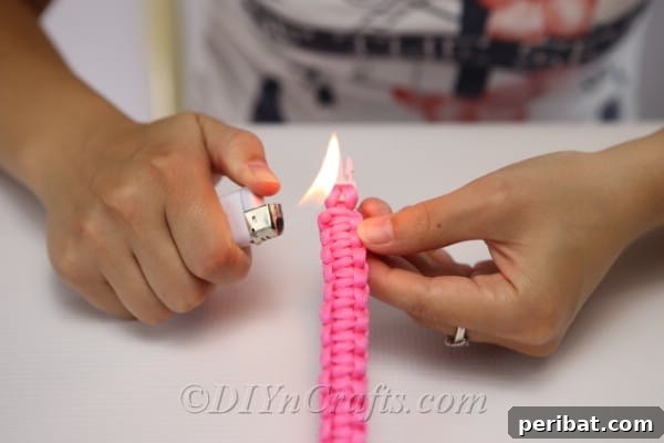 Create Your Own Square Knot Friendship Bracelet 19 Burning the ends of the thread on the square knot bracelet with a lighter to secure