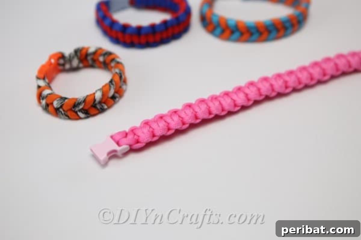 Create Your Own Square Knot Friendship Bracelet 5 Picture of open square knot bracelet alongside 3 other paracord bracelets in various colors
