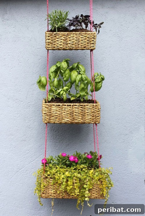 Stunning & Simple DIY Flower Bed Projects for Outdoor Appeal 40 Hanging Gardens with wicker baskets