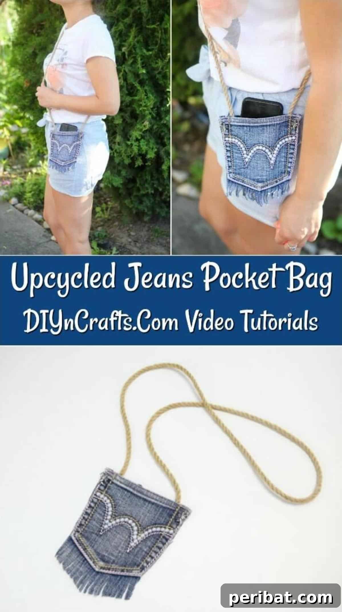 Craft Your Own Chic Denim Bag 2 Close-up of a stylish denim bag made from upcycled jeans pocket, showcasing its unique design.