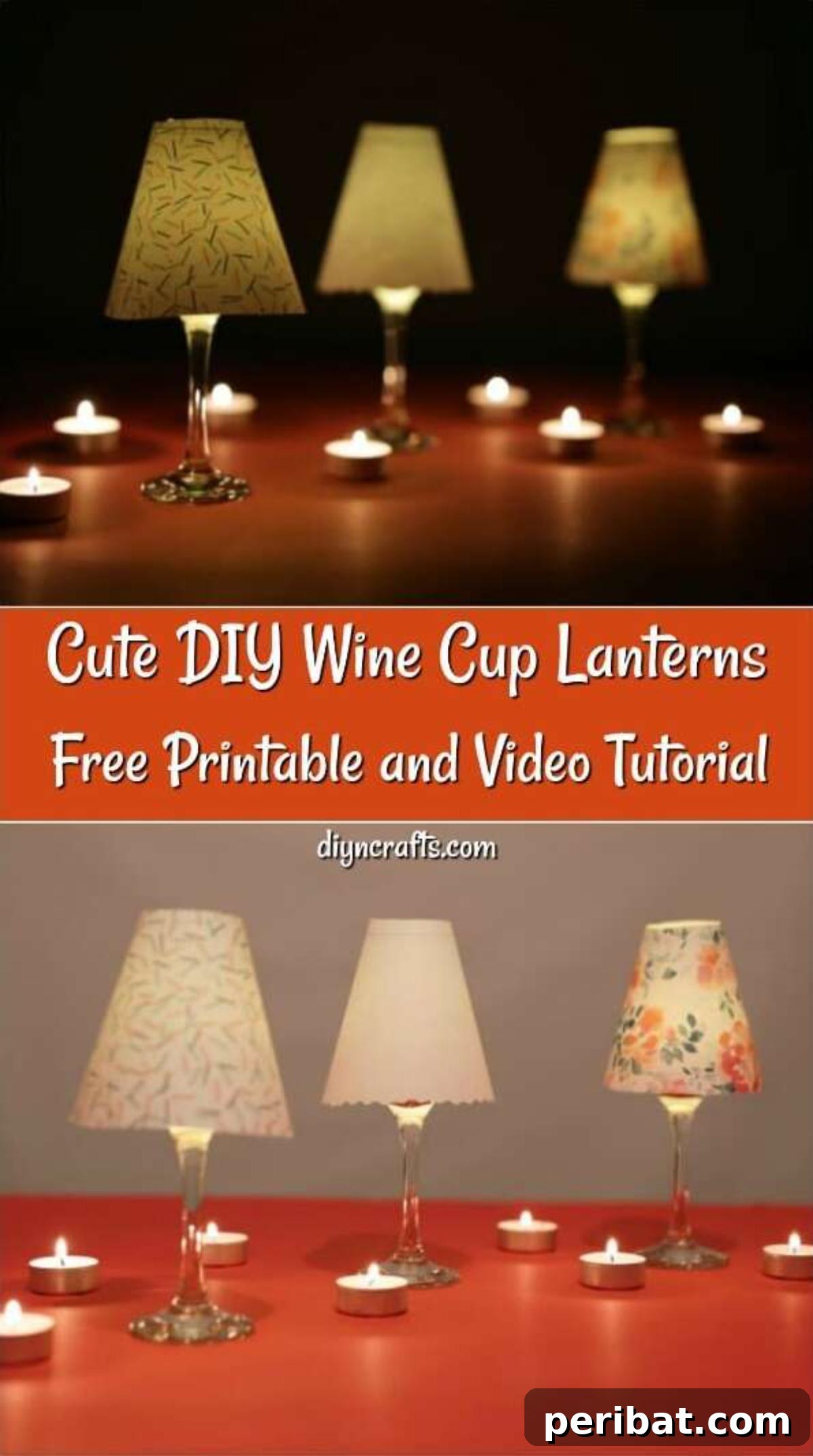 Upcycled Wine Glass Tealight Lanterns 2 DIY Wine Glass Tealight Candle Holders Lantern Tutorial image showing completed lanterns in dark and light