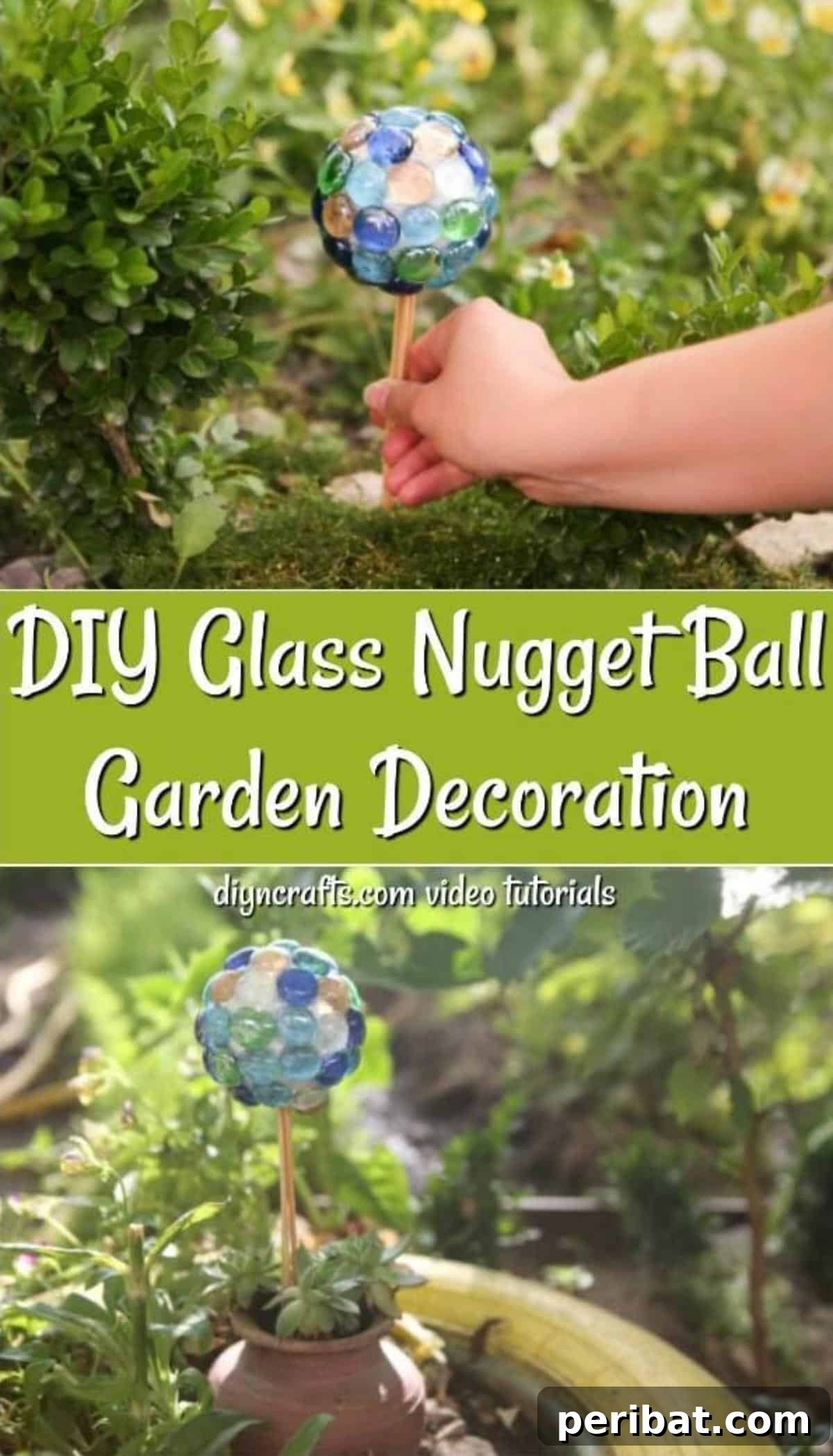 Craft Your Own Garden Spheres 15 A Pinterest collage featuring the DIY glass nugget gazing ball project and its sparkling transformation.