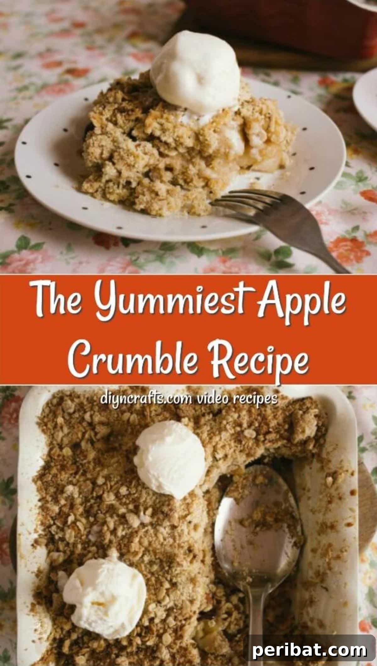 Effortless Homestyle Apple Crumble 2 Collage picture of apple crumble recipe finished and topped with whipped topping, showcasing its inviting texture and golden-brown crust.