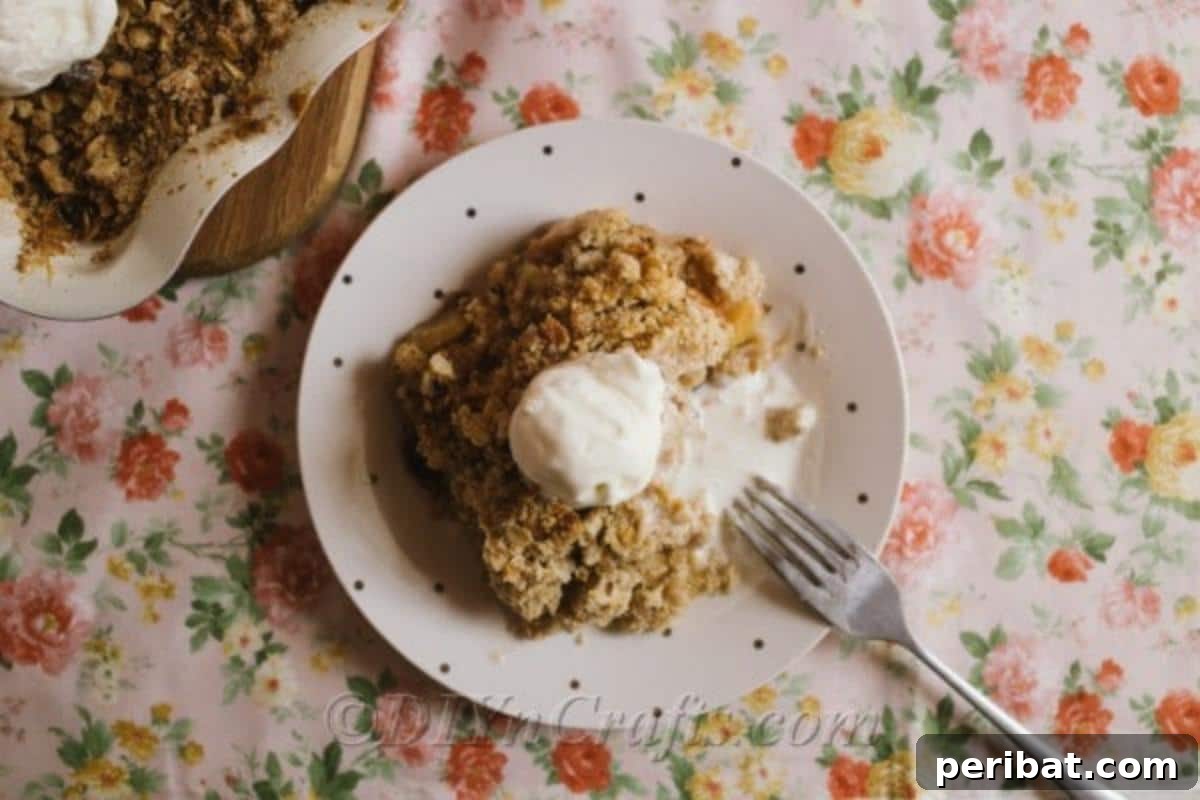 Effortless Homestyle Apple Crumble 3 Overhead picture of a bowl of apple crumble sitting on a floral tablecloth, ready to be served.