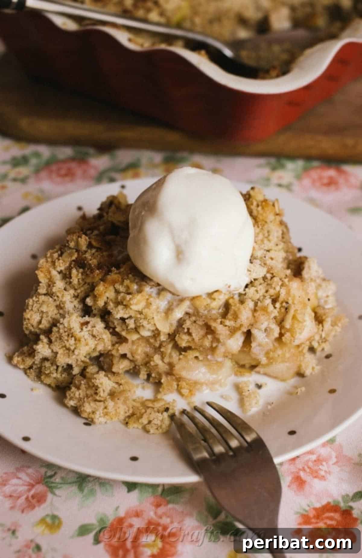 Effortless Homestyle Apple Crumble 4 Close up picture of a polka dot plate topped with a large serving of apple crumble recipe, showing the golden topping and tender apple filling.