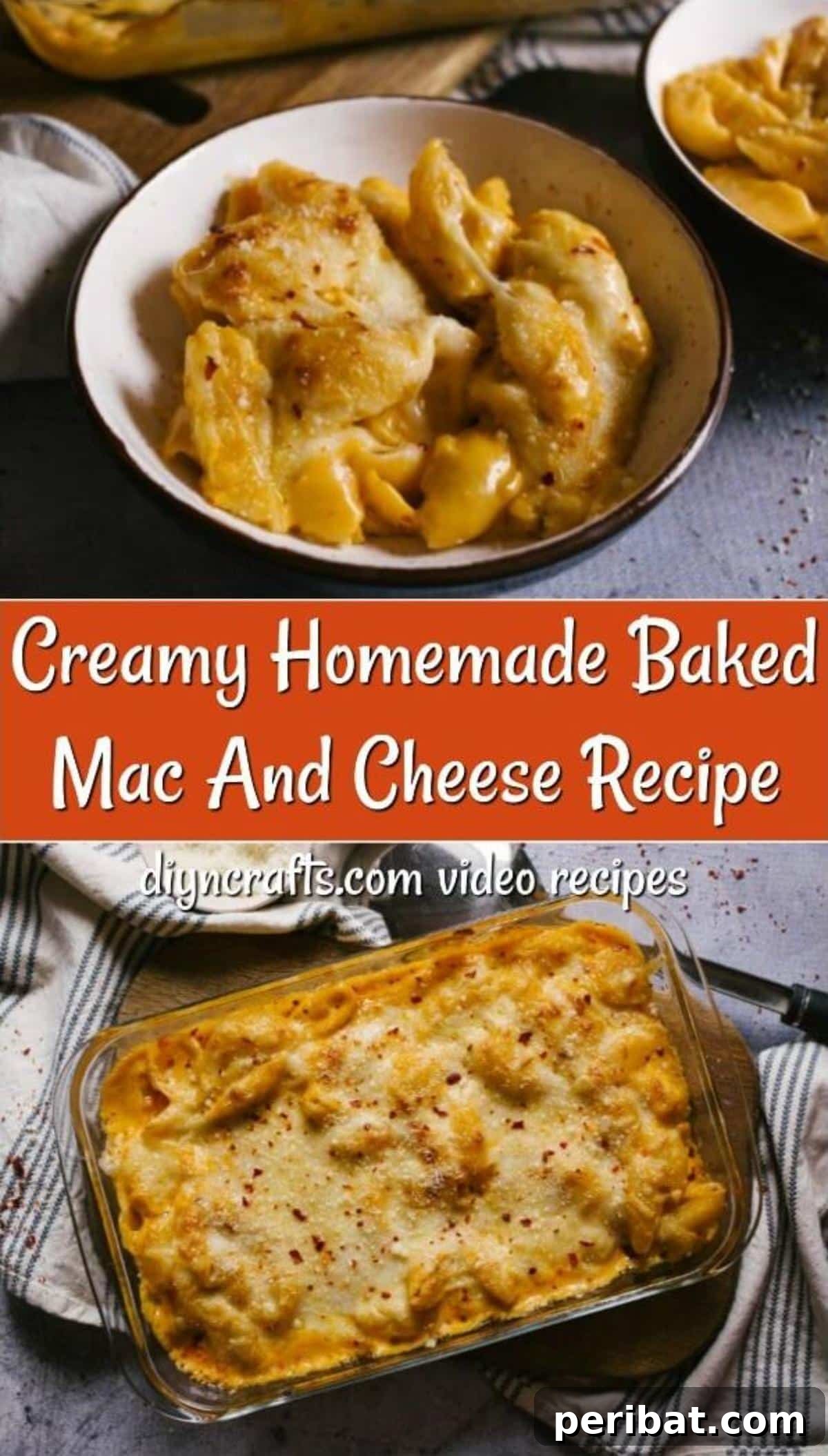 Decadent Homemade Mac and Cheese Bake 2 Overhead image of a bubbling baking dish filled with golden-brown baked mac and cheese, ready to serve.