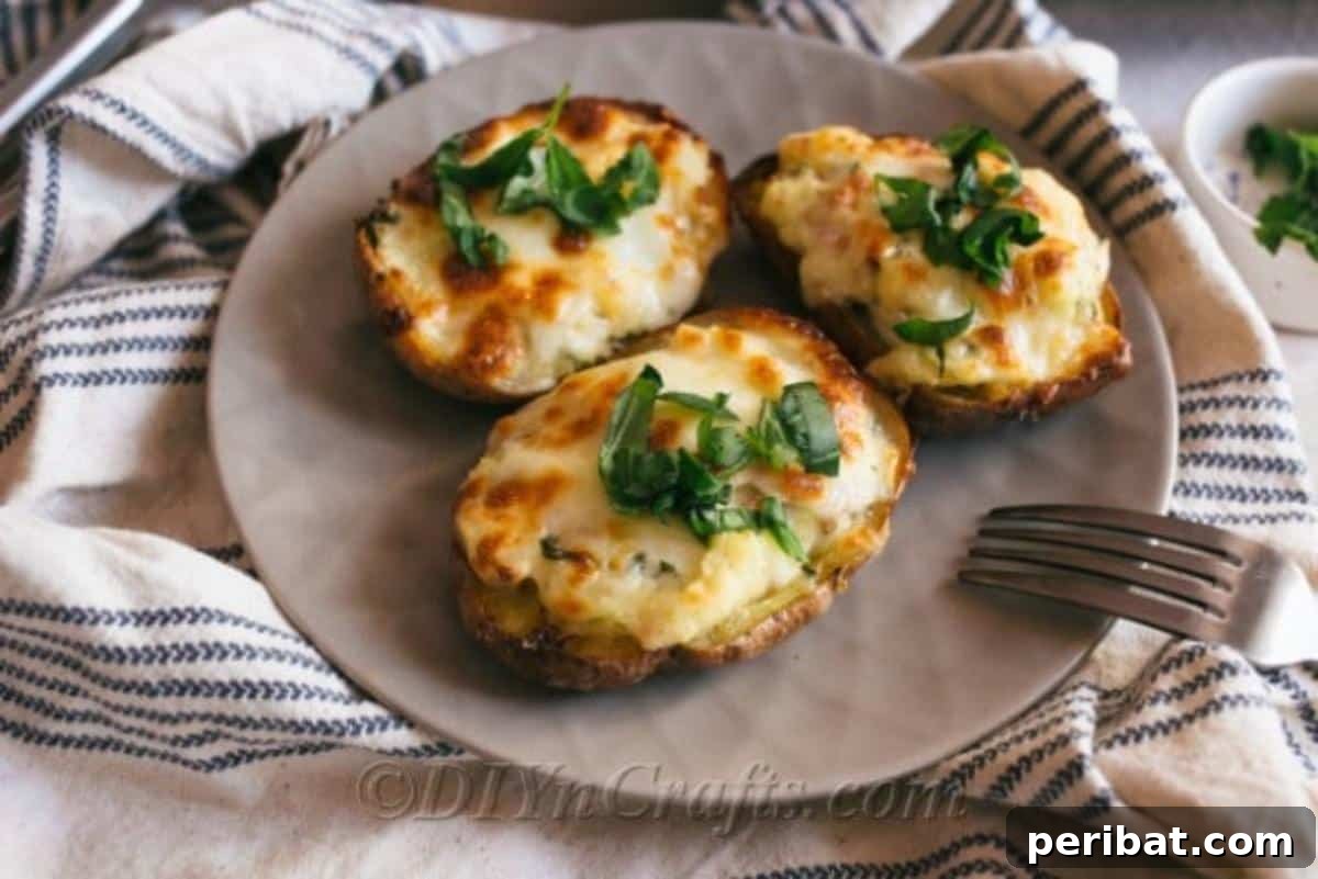 Simple Fully Loaded Potato Skins 3 A close-up, overhead view of a rustic plate overflowing with golden-brown loaded potato skins, each generously topped with melted cheese, crispy bacon bits, and a dollop of sour cream.