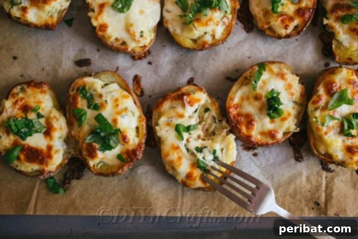 Simple Fully Loaded Potato Skins 8 A baking sheet filled with golden-brown loaded potato skins, freshly baked and garnished, ready to be lifted and served.