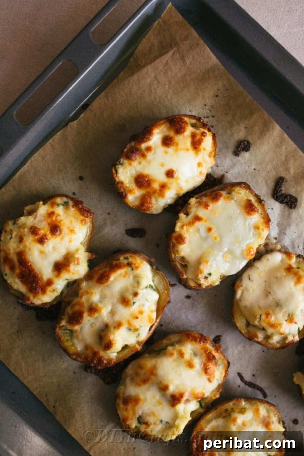 Simple Fully Loaded Potato Skins 9 An overhead view of numerous loaded potato skins arranged on a baking sheet, glistening with melted cheese and ready to be served.