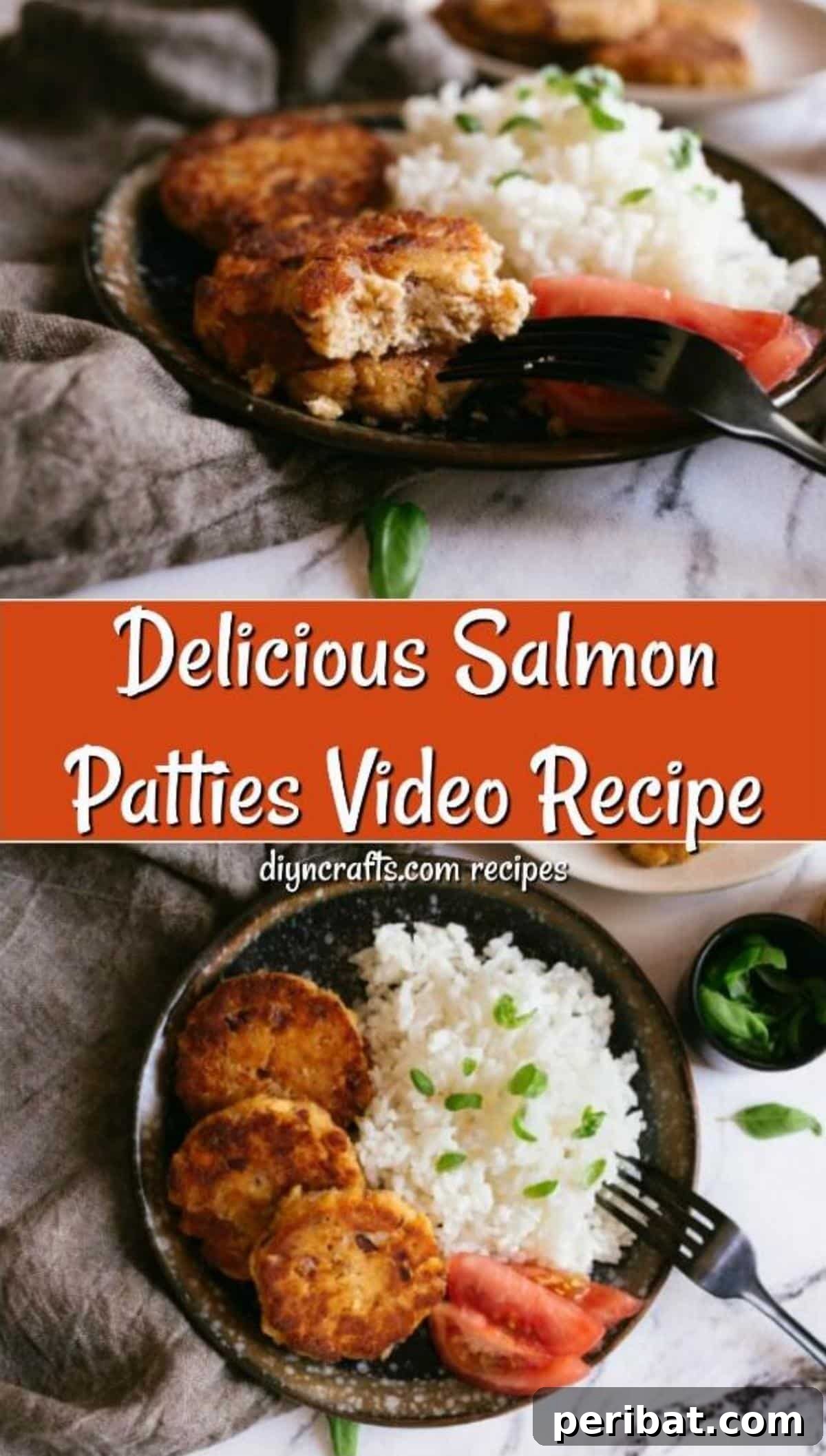Collage image of a plate of salmon patty with rice and tomatoes on the side