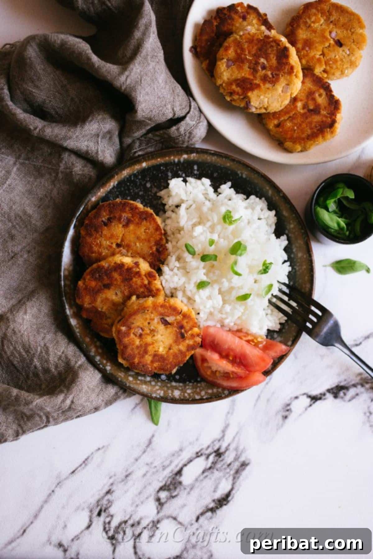 An overhead picture of a salmon patty recipe on a plate with rice and tomatoes