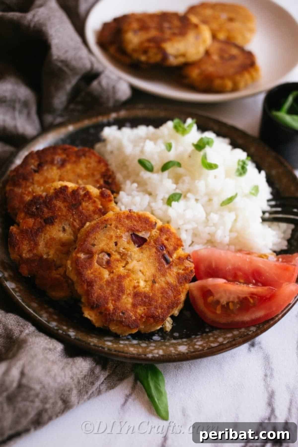 An up close picture of a salmon patty on a dark plate with rice on the side