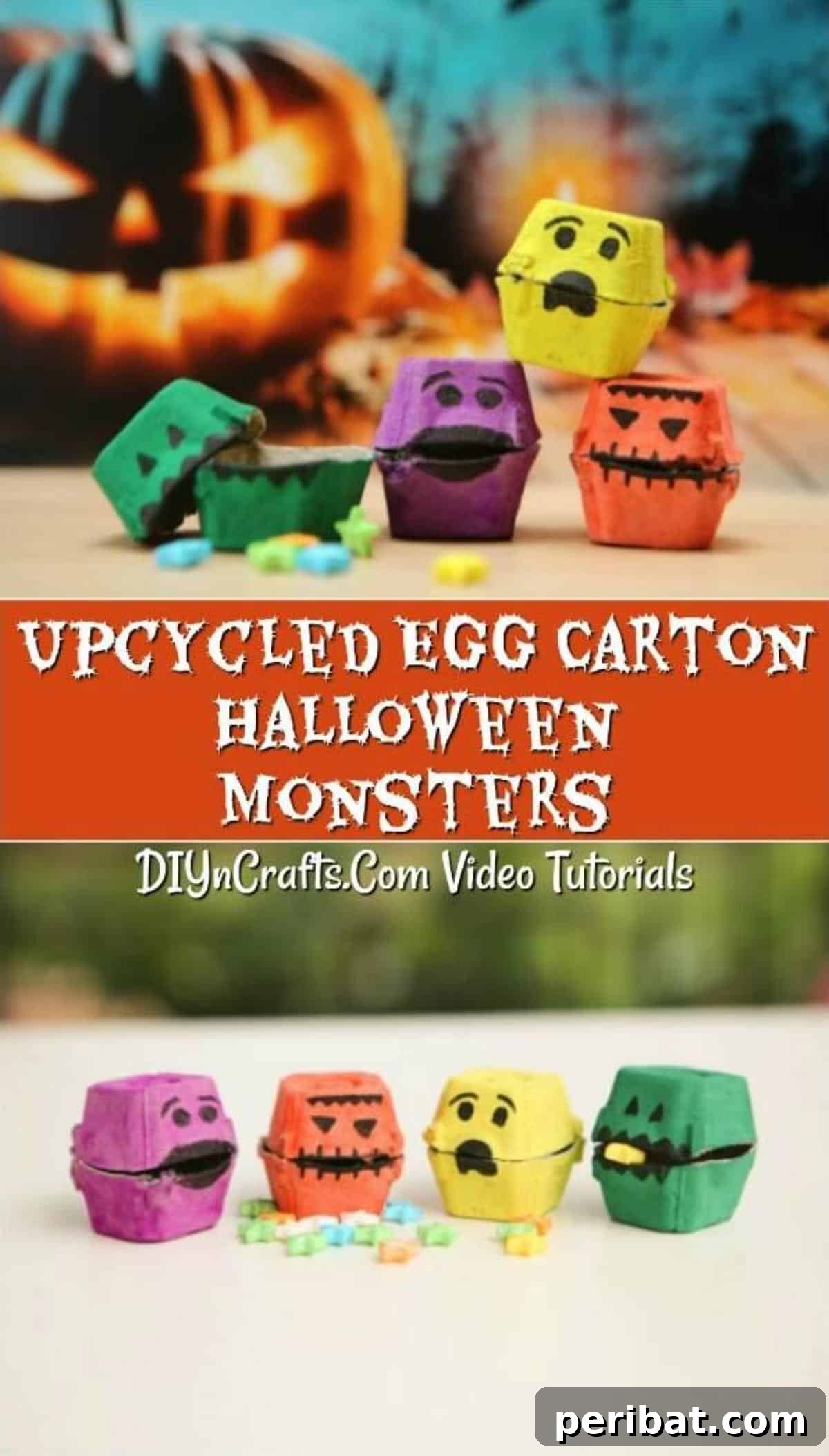 Collection of fun recycled egg carton Halloween monsters with varying expressions