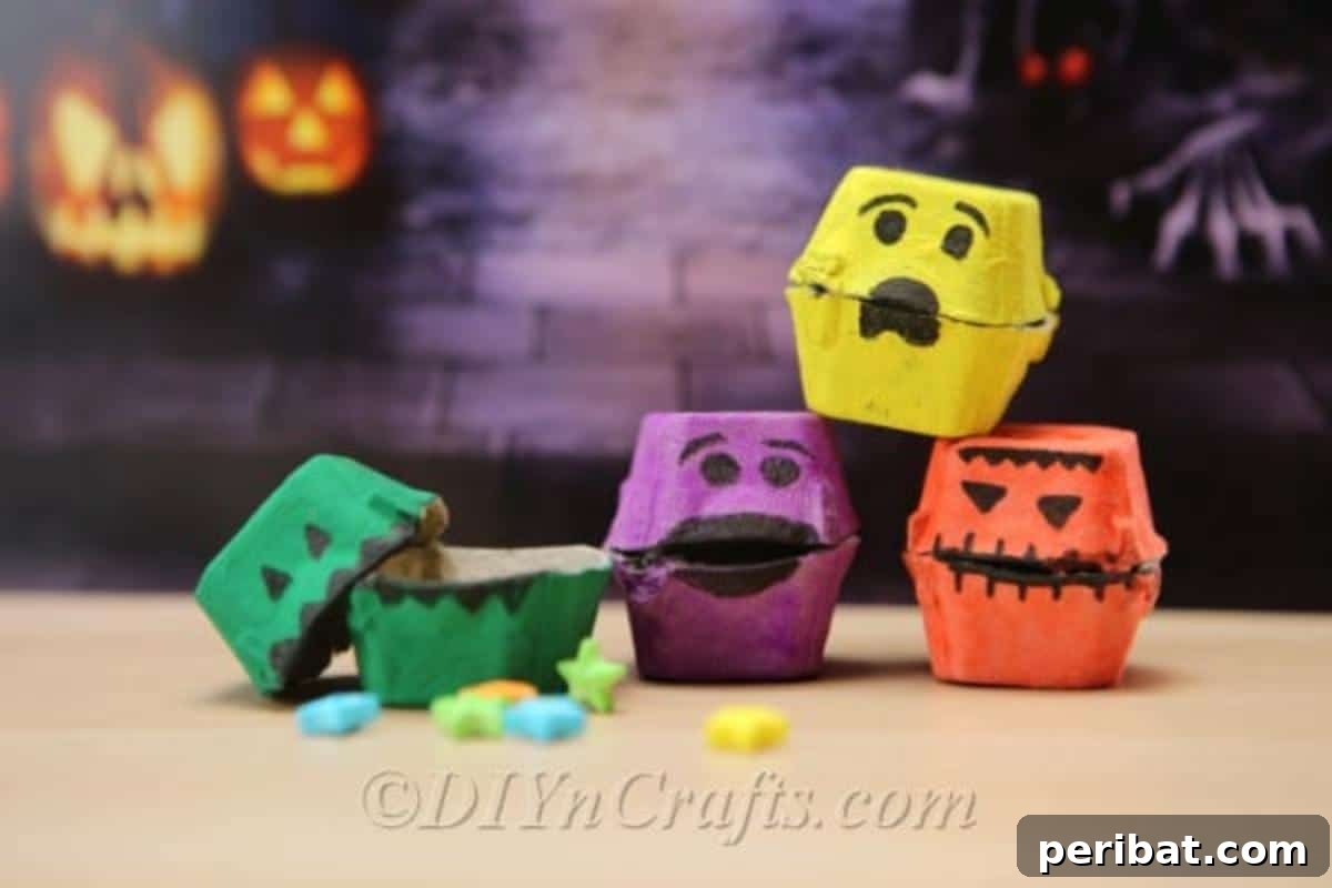 A stack of colorful Halloween monster treat boxes in front of a purple Halloween themed banner