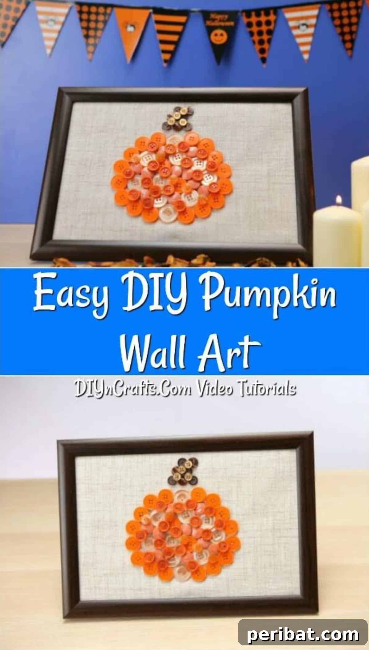Learn how to make a diy button art craft into a beautiful framed button pumpkin, showcasing various shades of orange buttons on a fabric background