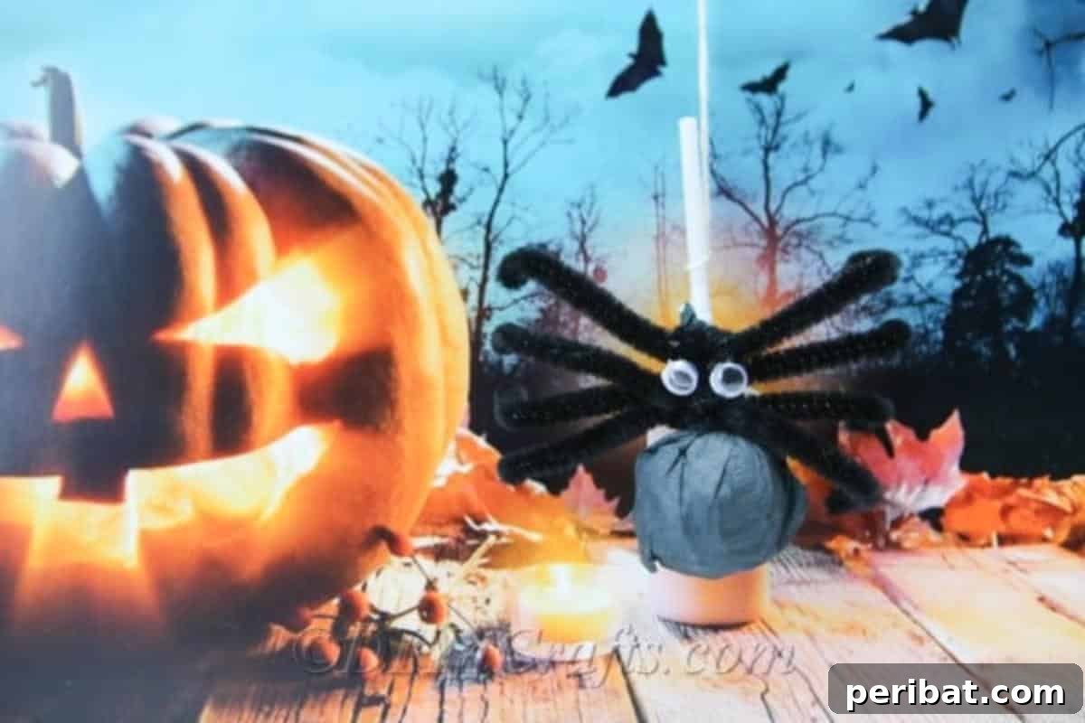 A spider lollipop hanging in front of decorative jack-o'-lanterns, showcasing its use as a Halloween decoration.