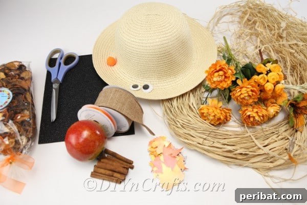 Supplies for making a harvest decor scarecrow lady