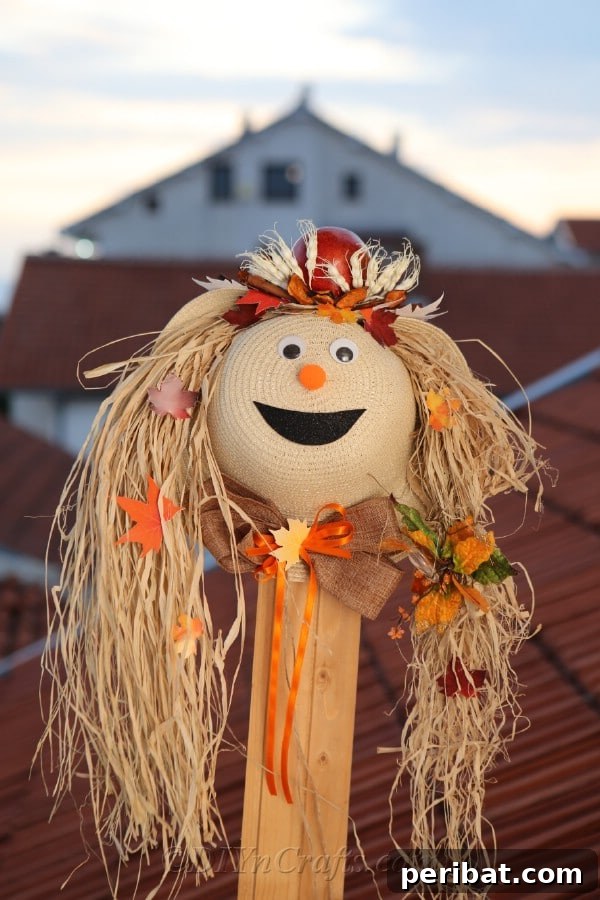 Harvest decor scarecrow outside in front of buildings