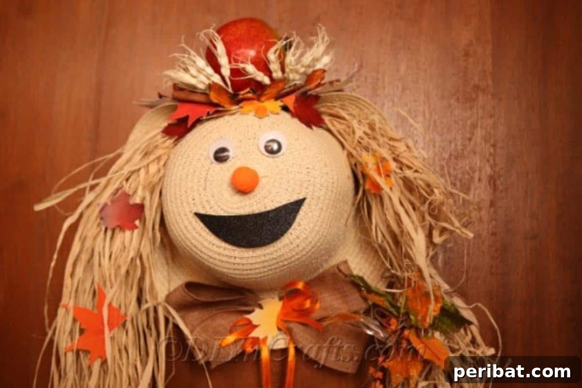 A harvest decor lady scarecrow hanging on a wooden door