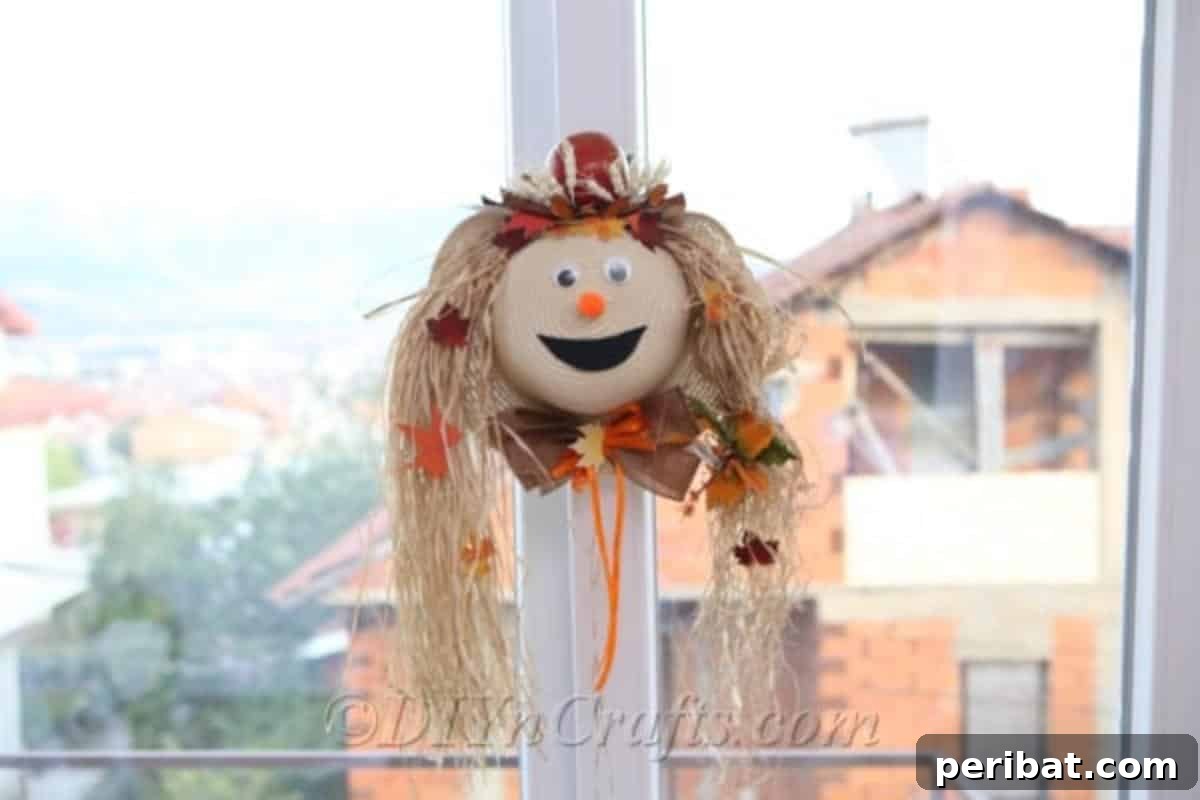 Lady scarecrow harvest decor hanging in a window