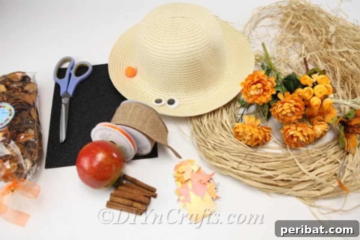 Supplies for making a harvest decor scarecrow lady
