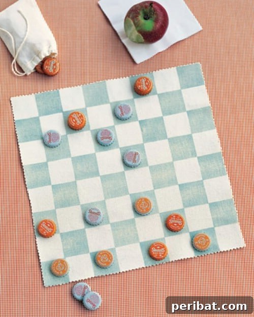 Homemade Canvas Checkerboard And Bottle Cap Checkers