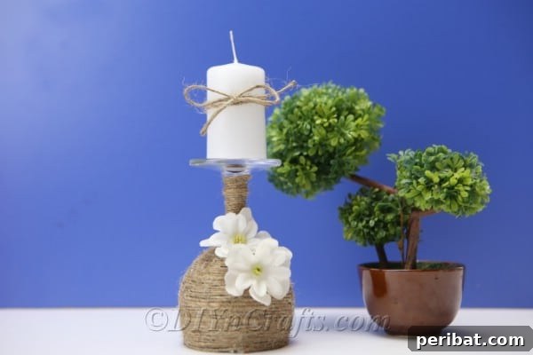 Rustic Glow: DIY Wine Glass Candle Holder 17 The completed rustic candle holder featuring a lit candle, elegantly displayed next to a potted plant, enhancing the cozy ambiance.