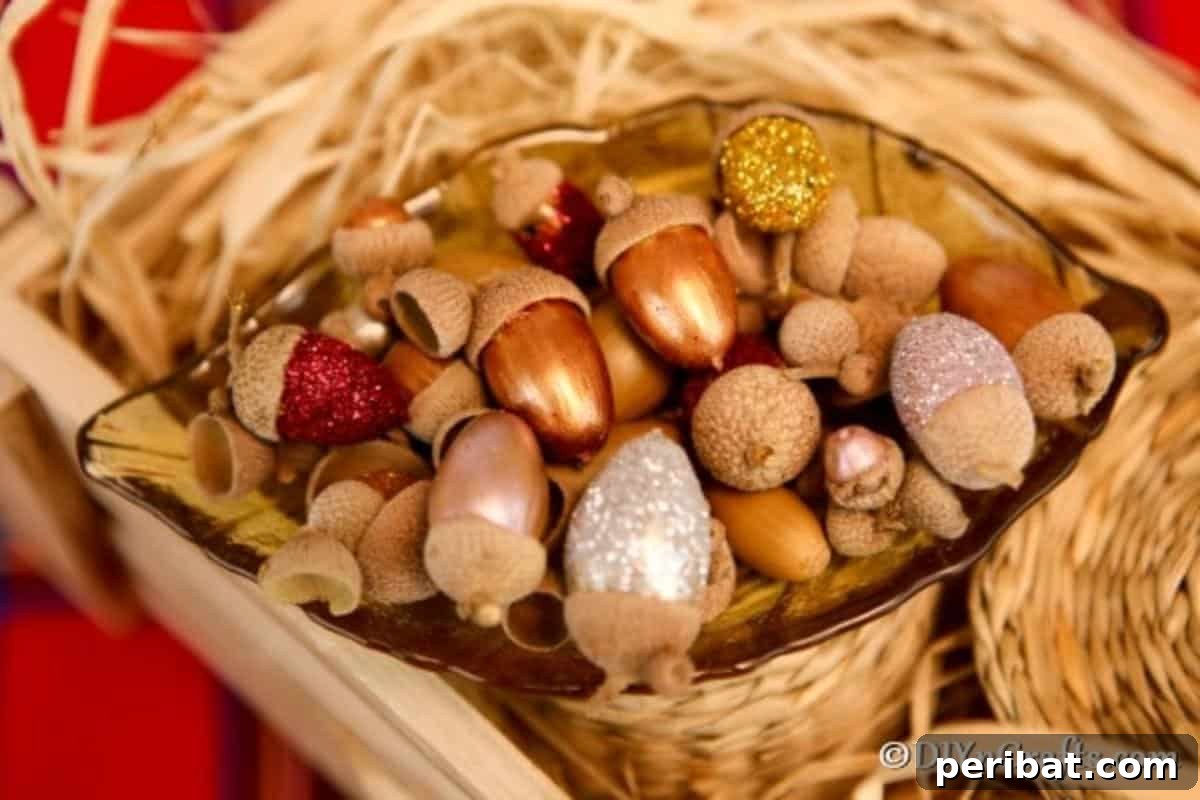 Sparkling Acorn Creations for Autumn Displays 3 A charming fall basket thoughtfully filled with an array of glitter acorns, creating a sparkling focal point.