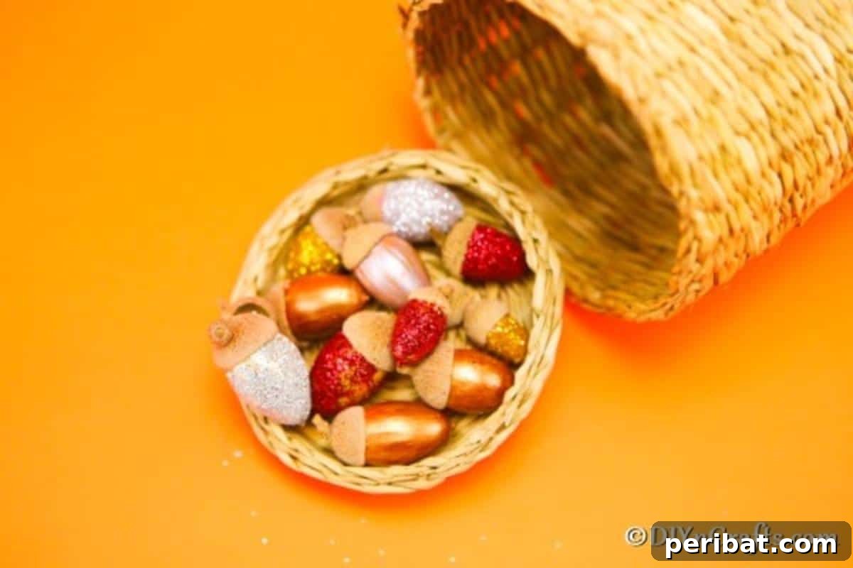 Sparkling Acorn Creations for Autumn Displays 4 A stunning harvest craft display featuring glitter acorns nestled within a traditional cornucopia basket, symbolizing abundance.