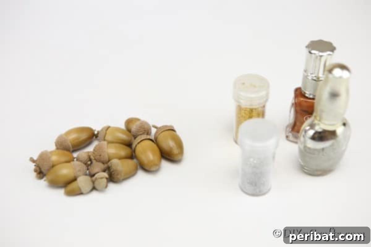 Sparkling Acorn Creations for Autumn Displays 5 A neatly organized collection of supplies for crafting glitter acorns, including acorns, glitter, and adhesive.