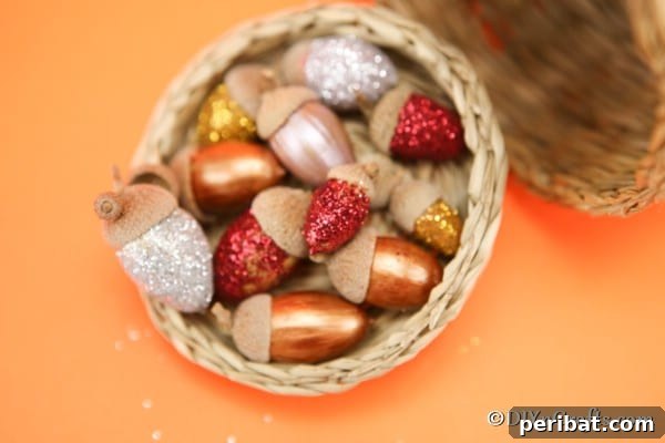 Up close picture of completed harvest craft glitter acorns