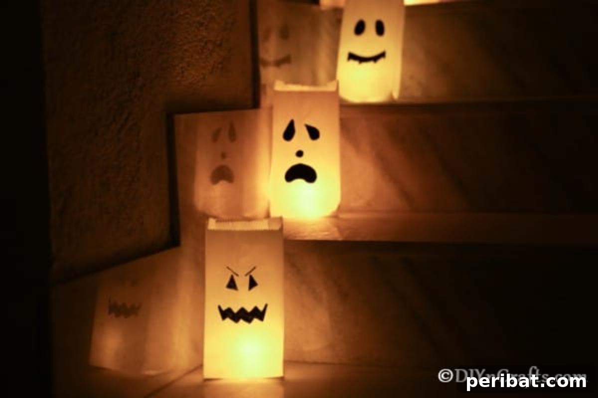 DIY Ghostly Glow Bags for Halloween 3 Halloween ghost luminary bags showcased on stairs in the dark, casting a soft glow for trick-or-treaters